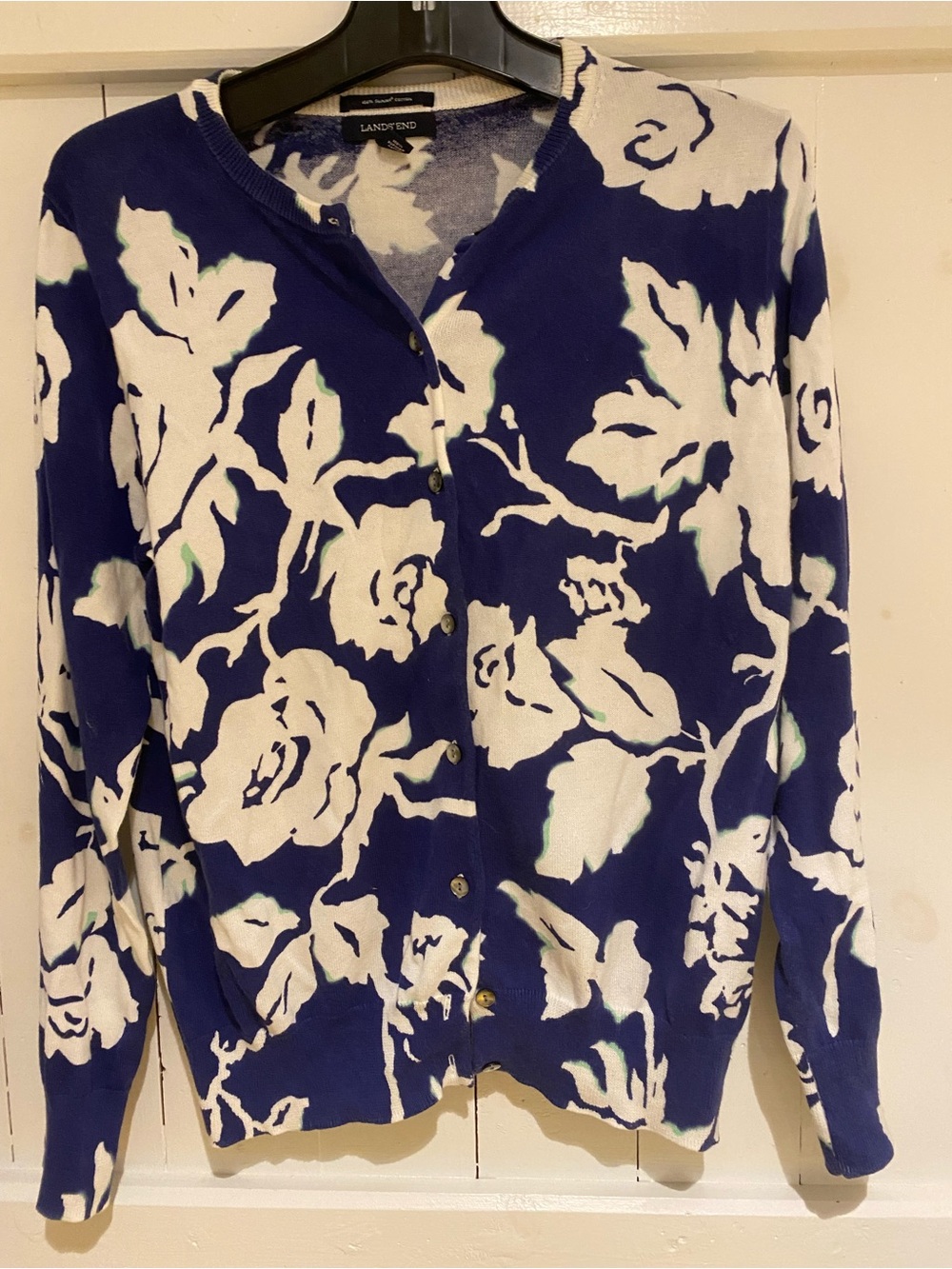 Women’s Lands End Cotton Cardigan Navy White Floral M
